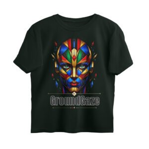 Fractured Vision oversized graphic tee in bottle green — geometric stained-glass face design by GroundGaze