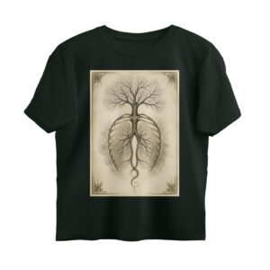 Breathe oversized graphic tee in bottle green — tree-and-lungs botanical line-art design by GroundGaze