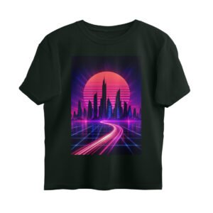 Neon Grid City oversized graphic tee in bottle green — 80s synthwave cyberpunk skyline design by GroundGaze