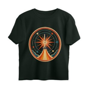 Retro Space Program oversized graphic tee in bottle green — vintage 1970s rocket mission emblem design by GroundGaze
