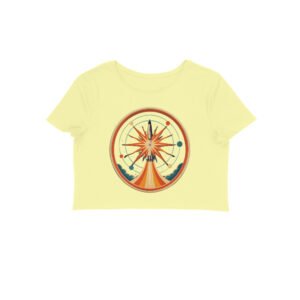 Retro Space Program women's crop top in butter yellow — vintage 1970s rocket mission emblem design by GroundGaze